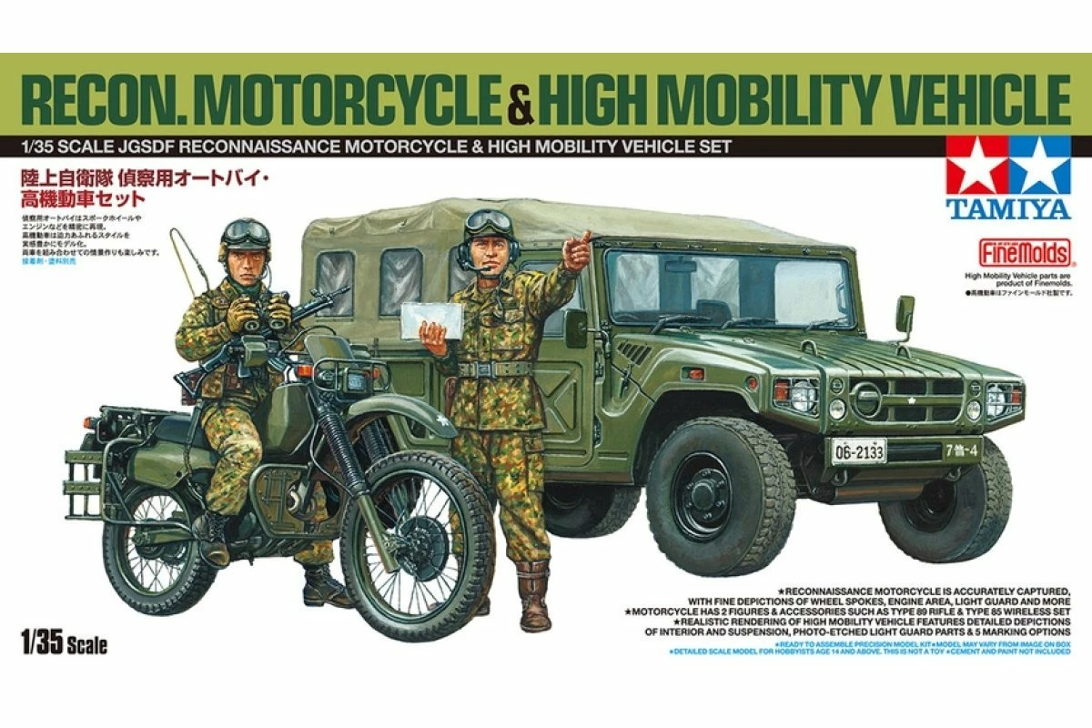 25188 | Tamiya 1/35 Japanese JGSDF Reconnaissance Motorcycle & High Mobility Vehicle Scaled Plastic Model Kit