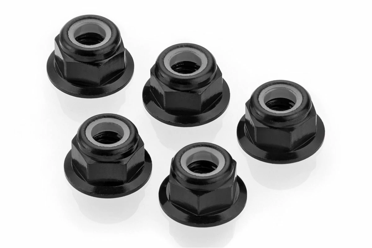 53162 | Tamiya 4mm Black Aluminium Flanged Nyloc Nuts 5Pcs