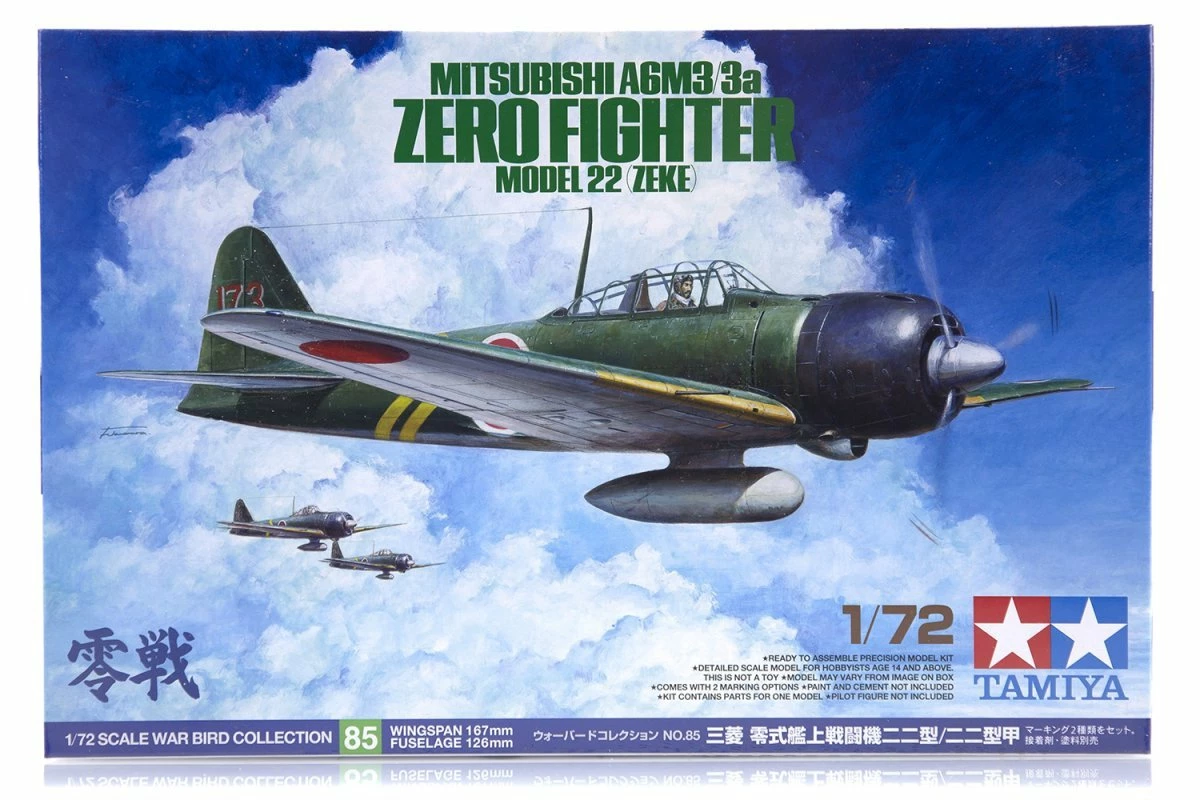 60785 | Tamiya 1/72 Mitsubishi A6M3/3a Model 22 Zeke Zero Fighter Scaled Plastic Model Kit