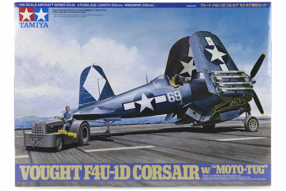 61085 | Tamiya 1/48 Vought F4U-1D Corsair Fighter W/Moto Tug Scaled Plastic Model Kit