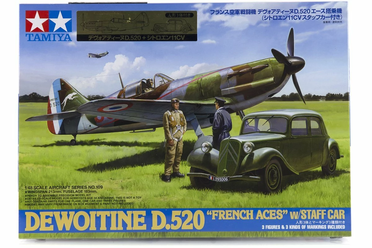 61109 | Tamiya 1/48 Dewoitine D.520 French Aces Fighter W/ Staff Car Scaled Plastic Model Kit